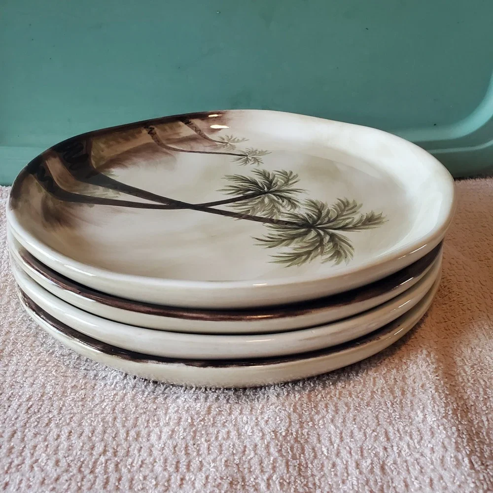 Tabletops Unlimited Bahamas Hand Painted Palm Tree Dinner Plates Set of 4 11in